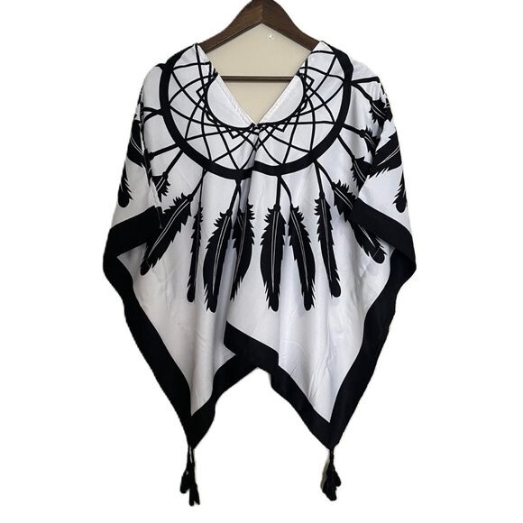 Bohemian Vintage Black&White Fringed Poncho Women's Top (One Size) - Picture 3 of 9